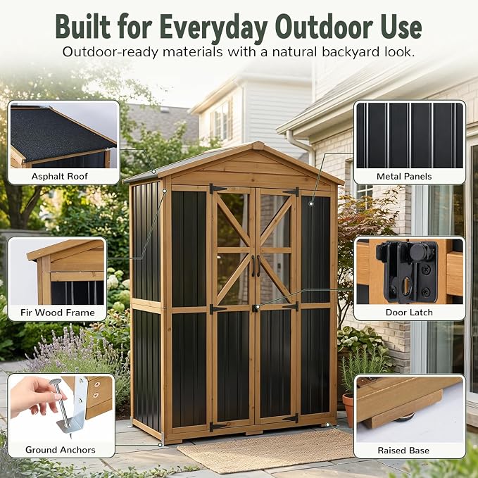 Ketive Outdoor Storage Cabinet, 72-Inch Tall, with Adjustable Shelves | Fir wood frame, metal panels, sloped asphalt roof, hooks and ground stakes for patio and backyard organization.