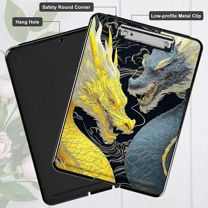 Heavy Duty Storage Clipboard, Slim Nursing Clipboard with Internal Pen Case, Portable File Organizer Case for A4 Letter Size Paper Office Medical Professionals, Gray-Yellow Dragon