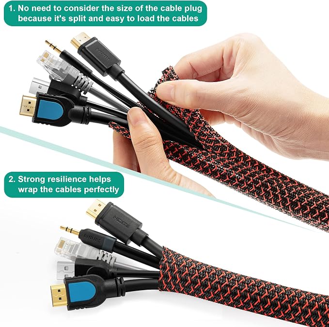 ZhiYo Cable Sleeve, 6.6ft - 1/2 inch, Black - Red | Cord Wrap Wire Protector Tubing, For Pets, PC Cable Wrap, Computer Cable Management