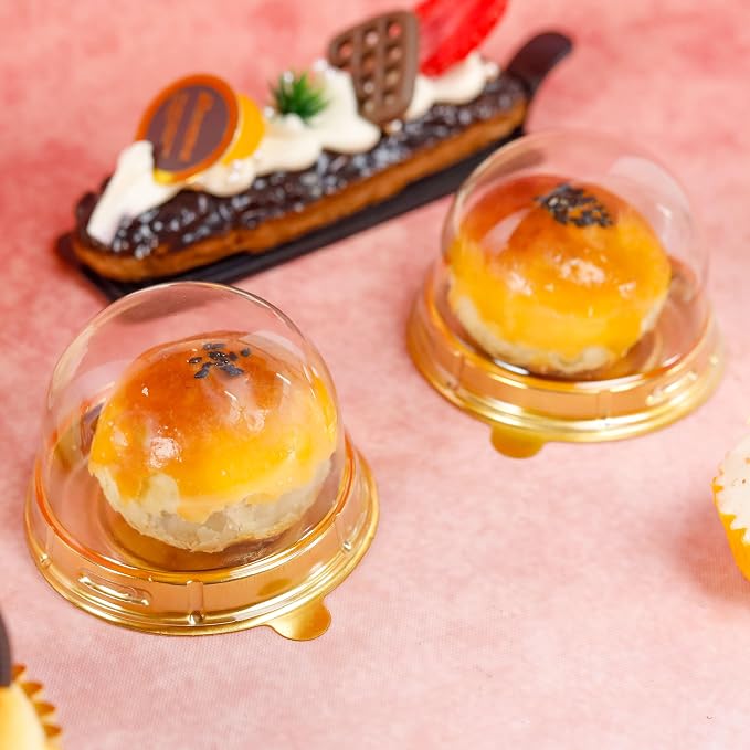 NPLUX 50 Pack Gold Mini Individual Cupcake Containers with Clear Lids | 50 clear PET Cupcake Boxes,2.8x2 IN,Desk Pet,Mini Cupcake Holder,for Mooncakes, Wedding Favors, and Elegant Dessert Displays