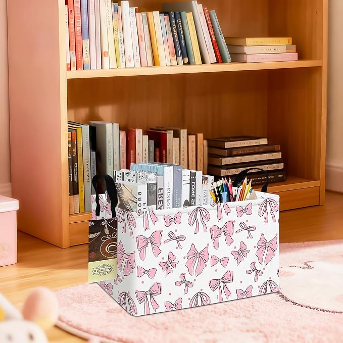 Rectangle Foldable Storage Basket Handles For Home, Pink Bow | Waterproof canvas material, reinforced handles, perfect for shelf use, organizes clothes, daily items and pet supplies