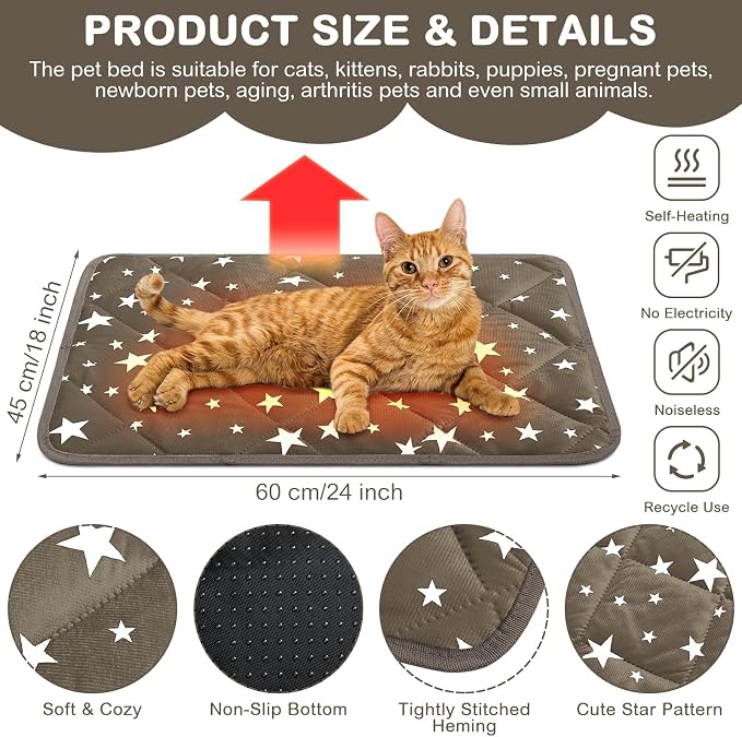 4 Pack Self Warming Cat Bed Self Heating Cat Mat Star Pattern Soft Dog Crate Pad Thermal Pet Mat Anti Slip Kennel Dog Washable Warming Bed for Outdoor Indoor (18 x 24 Inch,Brown)