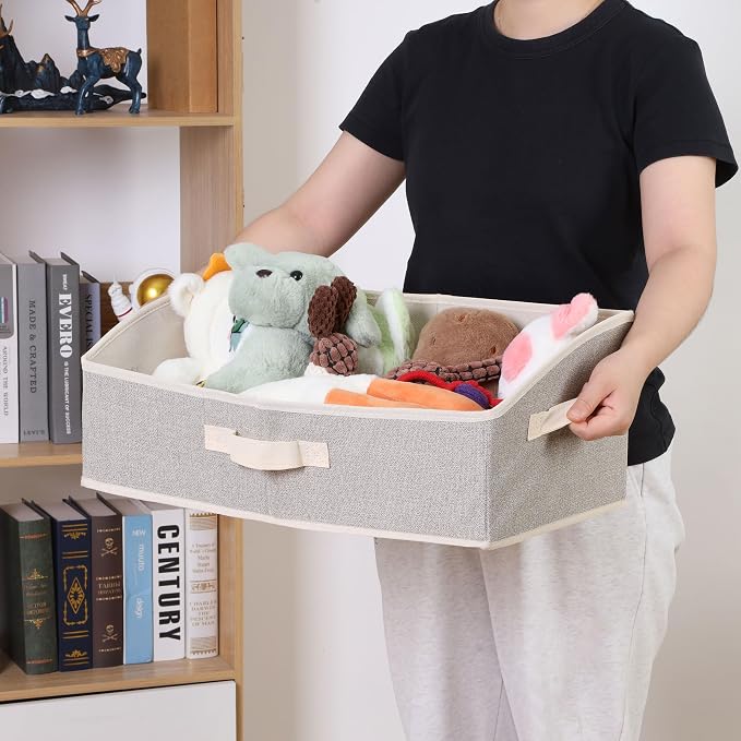 2 Pack Dog Toy Basket, Collapsible Dog Toy Bin with Handles, Beige | Large Capacity Trapezoid Toy Box for Living Room Area, Low Front for Short-Legged Dogs, Organize Pet Supplies & Home Storage