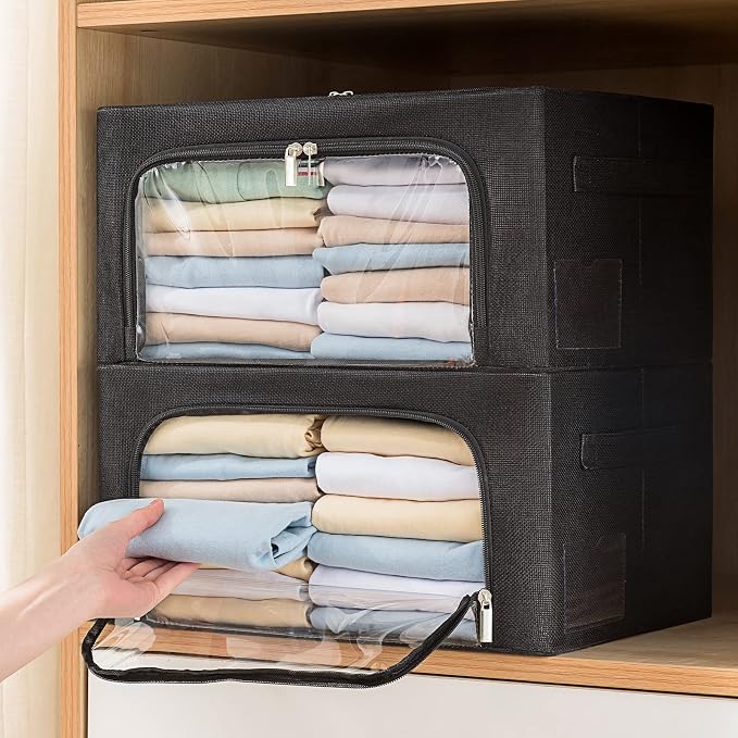 CYhom 3Pack Foldable Storage Bins - Frame Storage Box Linen Fabric Stackable Clothes Container Organizer with Clear Window & Carry Handles Large Capacity (Large-66L, Black)