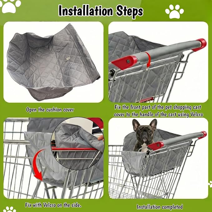 Portable Shopping Cart Cover for Dogs, Secured with Hook and Loop with Safety Ropes, Quilting Grocery Cart Cover, Comfortable and Easy to Clean with Carry Bag (Gray)