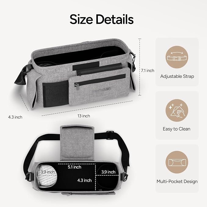 Mompush Universal Stroller Organizer Caddy with Insulated Cup Holder | Large storage capacity, multiple pockets, detachable zippered pouch, secure Velcro straps, universal stroller fit