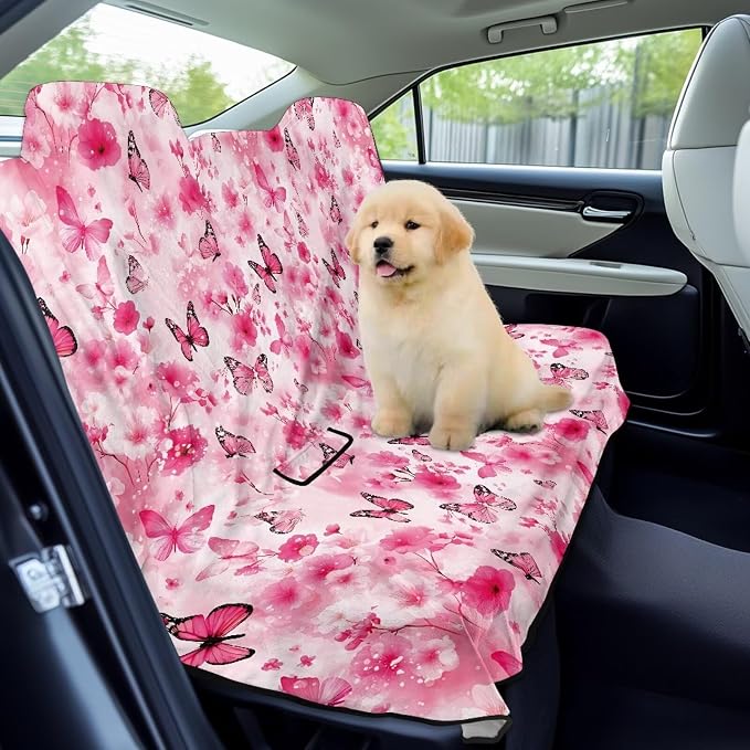 Renewold Pet Dog Car Back Seat Cover Car Seat Towel Cover Auto Rear Bench Towel Blanket for Gym Yoga Workout Outdoor Pink Butterflies Sport Travel Automotive Interior Accessories with Storage Bag