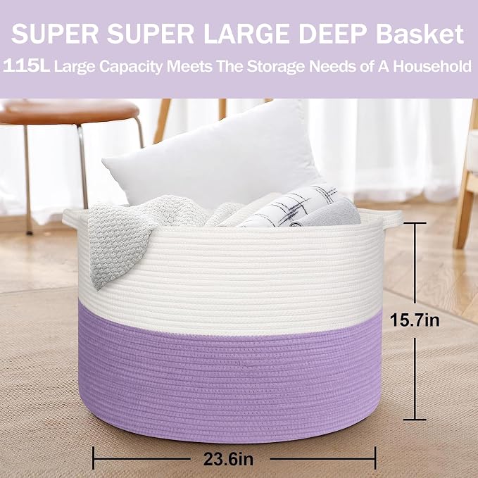 MEGASKET 115L Oversized Purple Basket, 23.6“x15.7 Woven Cotton Rope Baskets for Storage, Blanket Storage for Living Room, Jumbo Woven Laundry Hamper, Towel Bin Box, Purple Living Room Decor
