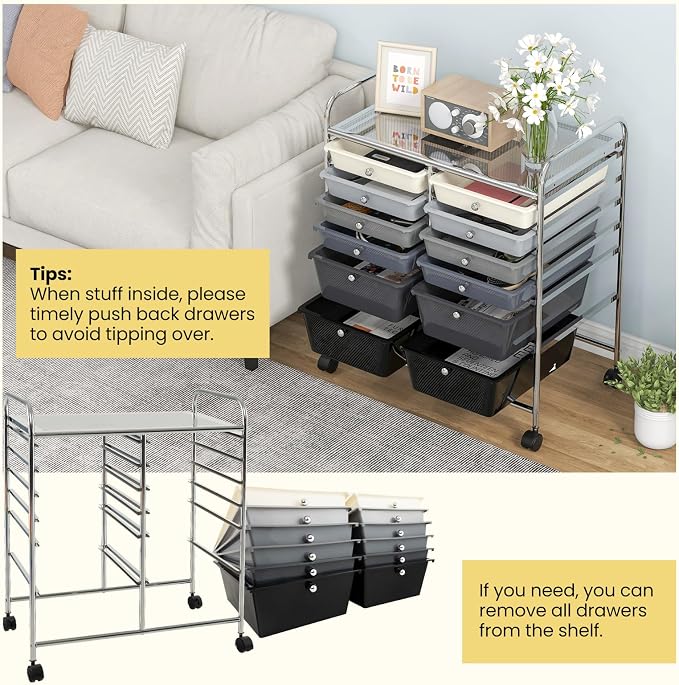 12 Drawer Rolling Storage Cart, Art Cart Organizer on Wheels, Mobile Utility Cart with Drawers, Multipurpose Craft Drawers for Home Office School Classroom (Mixed Black)