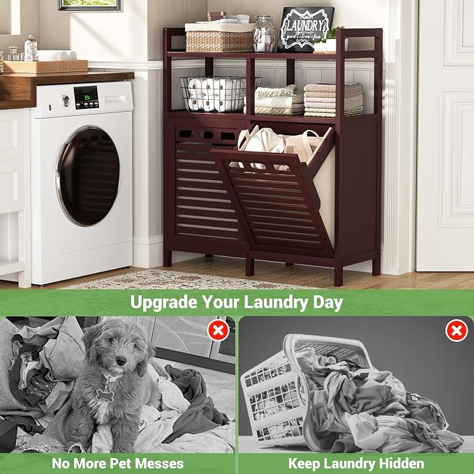 Homykic Tilt Out Laundry Hamper Cabinet, Bamboo Laundry Organizer, Espresso | 20 Gal Laundry Sorter with 2 Removable Liner Bags, Hidden Clothes Hamper with Shelf for Laundry Room, Bathroom, Closet