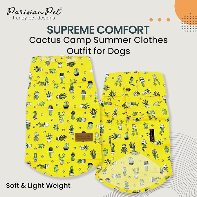 Parisian Pet Cactus Dog Shirt - Cotton Clothes for Large Dogs - Stylish Tropical Yellow Dog Outfit - Lightweight and Soft Puppy Clothes - Trendy Tshirts for Dogs - Comfortable Summer Camp Pet Apparel