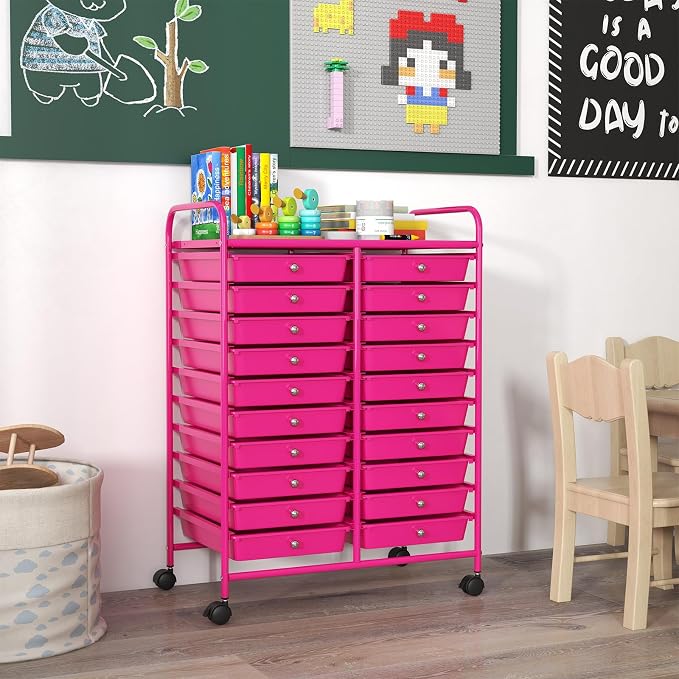 20 Drawer Rolling Storage Cart, Art Cart Organizer with Wheels for Makeup, Tool, Paper, Multipurpose Craft Storage Cart with Drawers for Office, Home, Classroom, School (Hot Pink)