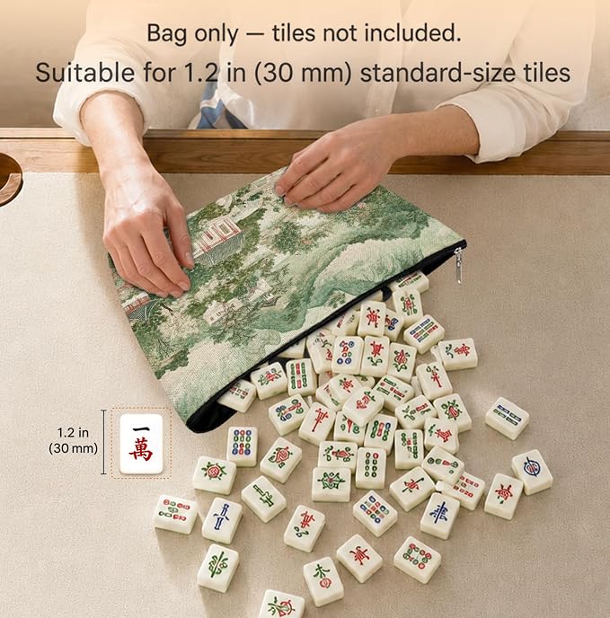 Green Chinoiserie Empty Mahjong Tile Bag 13x7.8 Inch, | Chinoiserie Portable Travel Case Organizer Zipper Pouch for American Mahjong Tiles Game Night Accessories and Gifts