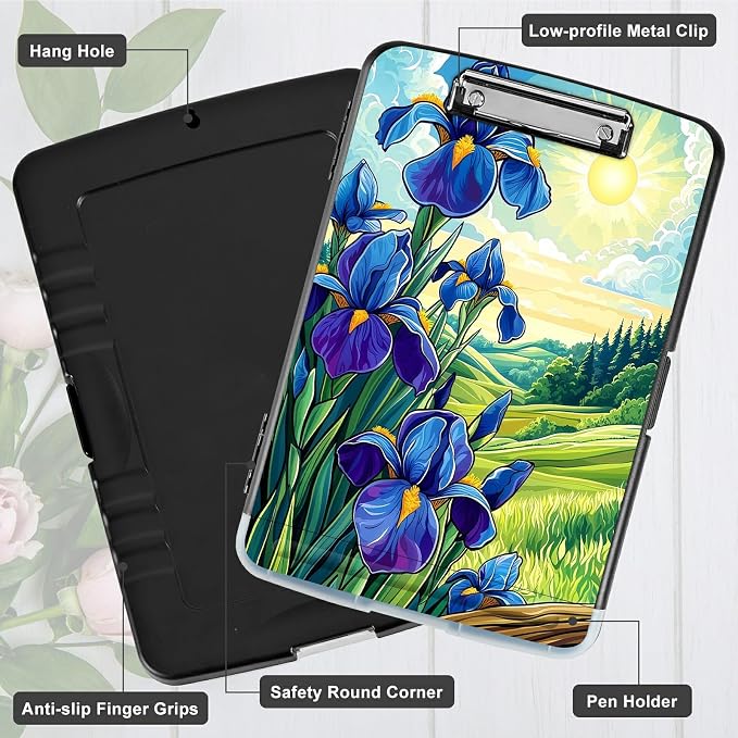 A4 Clipboard with Storage Pen Holder, Clipboards Organizer Nursing Clipboard Foldable File Folder Plastic Clipboard Folio Clip Board for Office Work Classroom Doctor, Blue Flower Lawn