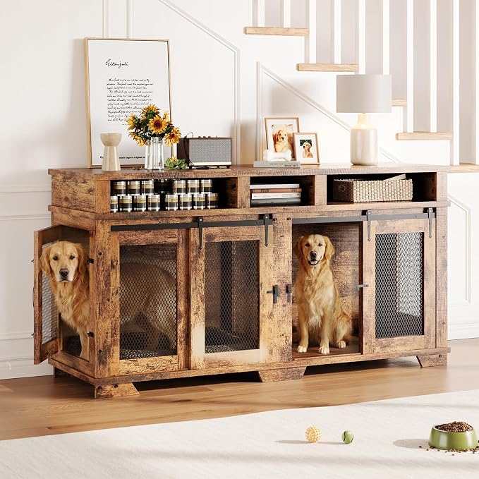 71'' Dog Crate Furniture for 2 Dogs, Extra Large Double Dog Kennel Indoor with Removable Divider and Storage Drawers, Wooden Dog Crate TV Stand for Large Medium Dogs