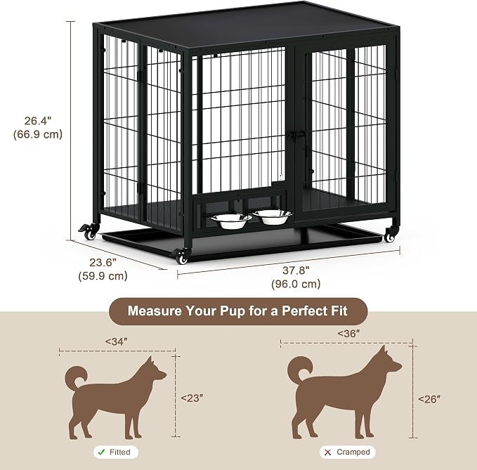 Heavy Duty Dog Crate for Medium Dogs, 3 in 1 37.8" Foldable Collapsible Dog Kennel & Playpen with Wheels & Feeding Bowls, Escape-Proof Metal with Lockable Door for Indoor Outdoor Use, Black