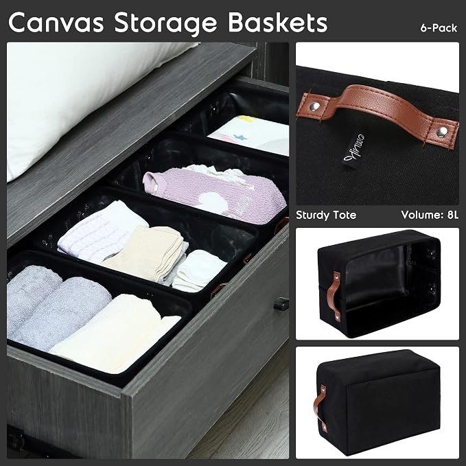 Hinwo 7.9L Compact Canvas Storage Bin with Handles, 6-Pack | Collapsible Fabric Baskets, Storage Cubes, Closet Shelf Organizers, Containers for Small Items Trinkets (Black)