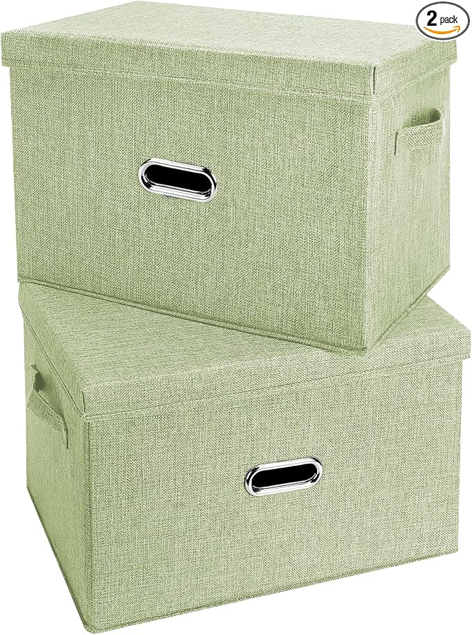 Large Linen Fabric Foldable Storage Bins with Removable Lid and Handles, Washable Storage Box Organizer Containers Baskets Cube with Cover for Bedroom,Office (Green, Extra Large(2-Pack))