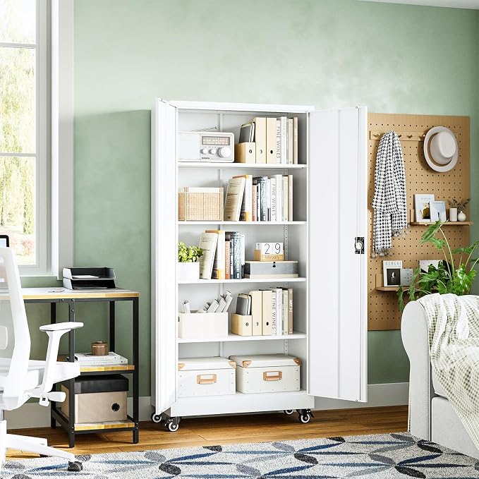 Metal Garage Storage Cabinets with Lock Door and Adjustable Shelves, Steel Tool Cabinets for Home,Office,Warehouse Organisieren (White, 75" H)