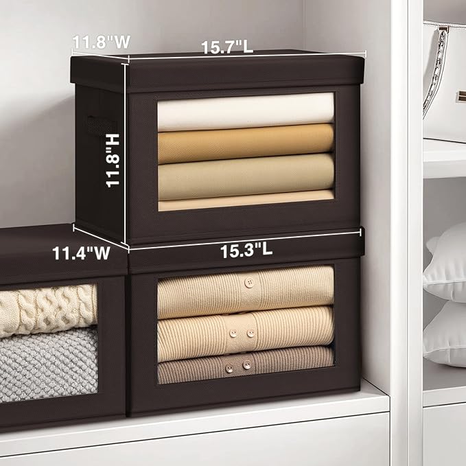 Stackable Storage Bins with Lids - Large Decorative Basket with Lids, Fabric Foldable Closet Organizer Bins, Shelf Organizer for Living Room, Dorm, 5 Pack, Brown