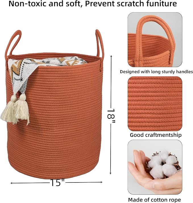 XUANGUO Cotton Rope Laundry Basket Hamper for Clothes Large Rust Red | Baby Nursery Hamper Bin and Woven Storage Basket for Living Room Bedroom Boho Tall Rope Baskets Blankets Toys Pillows Towels