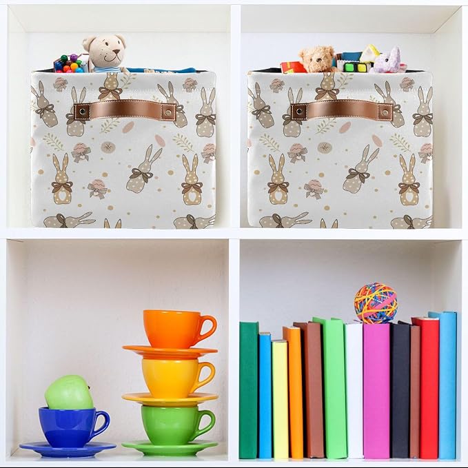 Happy Easter Day Eggs Bunny Storage Basket Fabric Laundry Baskets Easter Rabbit Peeps Spring Flowers Storage Boxes Organizer Bag for Baby Cloth Toy Book Storage Cubes Shelf Closet Bins 16×12×8 Inches