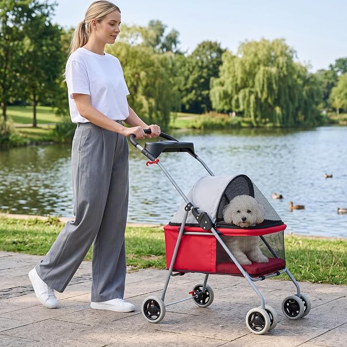 BestPet Foldable Pet Stroller for Small/Medium Dogs and Cats Up to 33 lbs | 4-Wheel Stroller Pet Strolling Cart w/ Breathable Mesh, Lockable Rear Wheels, Cup Holder/Tray & Storage Box, Red