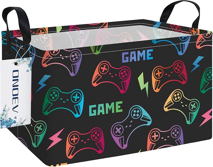 Rectangular Game Controller Storage Bin,Closet Organizer Basket | Waterproof fabric,reinforced handles,foldable bin holds apparel,gaming gear and daily belongings for teen‑boy bedrooms