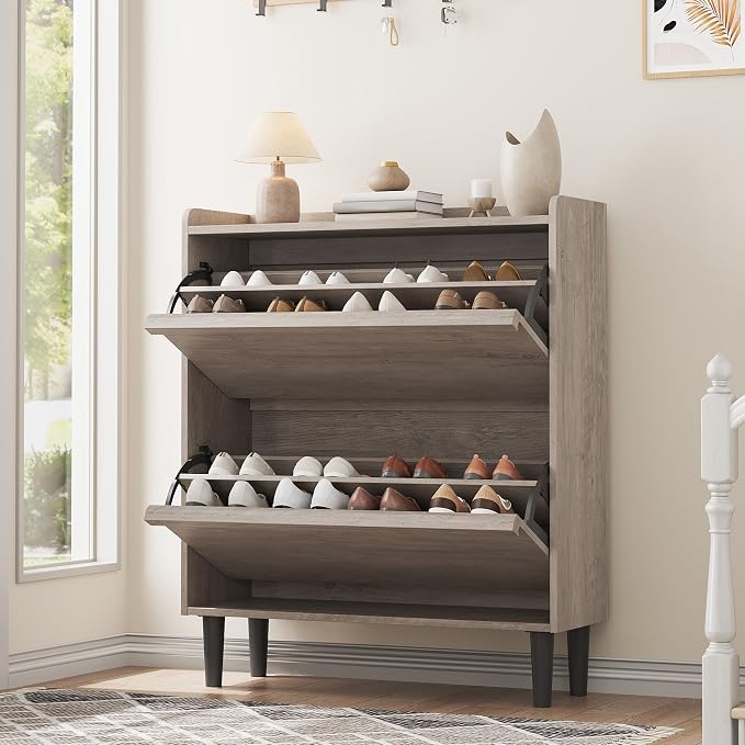 GarveeHome Shoe Cabinet with 2 Flip Drawers, Wooden Shoe Organizer Cabinet with Adjustable Shelf, Shoe Storage for Entryway, Hidden Shoe Cabinet for Hallway, Living Room, Grey