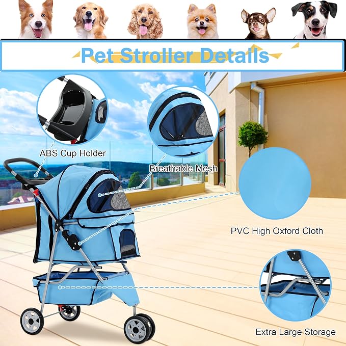BLKMTY Folding Dog Stroller, 3 Wheels Pet Stroller, Foldable Cat Strollers Waterproof Travel Carrier Strolling Cart for Puppy Jogger with Cup Holder & Storage Basket, Blue