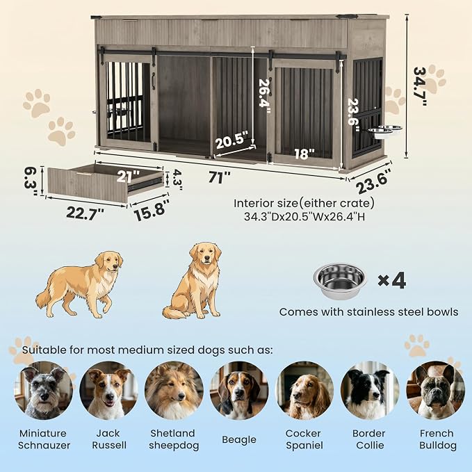 71" Large Dog Crate TV Stand with 3 Fluted Drawers, Furniture Style Wooden Double Dog Crate Furniture with Power Outlet and Rotating Feeders, Dogs Cage for Small Medium Large Dogs, Grey Oak
