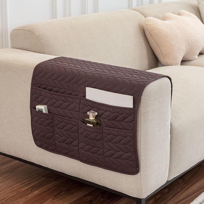 Arm Rest Covers for Sofa with 6 Pockets for Magazine Remote Control Couch Arm Covers Decorate Furniture Ant-Slip Armrest Organizer(Coffee)
