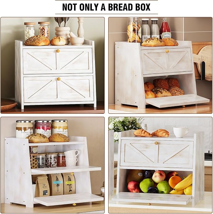 Trironsun Vintage Double Layer Bread Box for Kitchen Counter Bamboo Bread Storage Container Large Capacity Bread Storage Bin (Antique White)