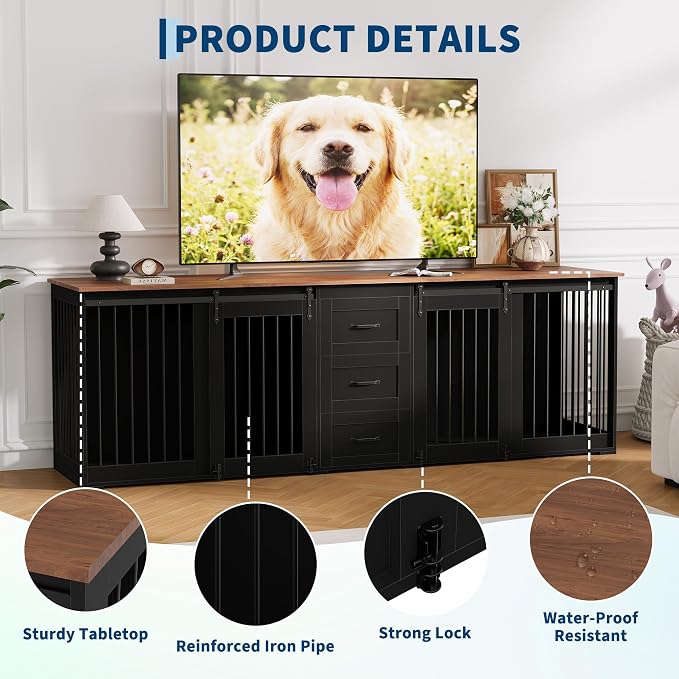 95" Large Dog Crate Furniture for 2 Dogs, Farmhouse Wooden Dog Kennel with 3 Storage Drawers, Heavy Duty Furniture Style TV Stand with Sliding Barn Doors