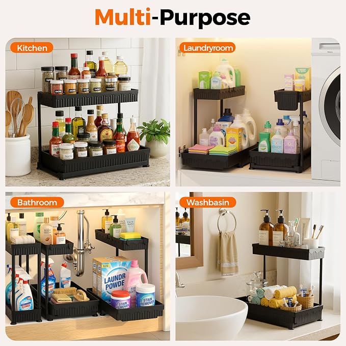 3-Pack 2-Tier L-Shaped Under Sink Organizers with Sliding Drawers | Multi-use kitchen & bathroom storage, 12.85 inch black cabinet organizer, space-saving sliding drawer design.