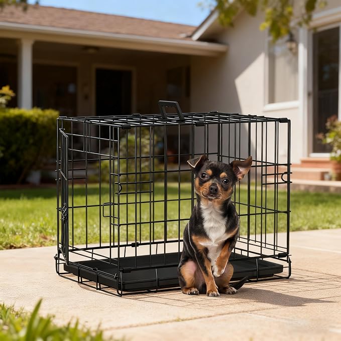 FDW Dog Crate 18-Inch Dog Cage Foldable Metal Kennel with Leakproof Tray Foldable Design Indoor Outdoor Use for Small Dogs,Dark Black