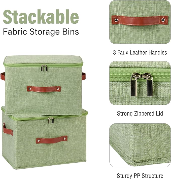 3PCS Storage Bins Boxes with Zippered Lid Decorative Baskets | Cotton Linen Fabric, Washable, Foldable, Stackable, Closet Shelf Organizer, with PU Leather Handles, Light Green-Large
