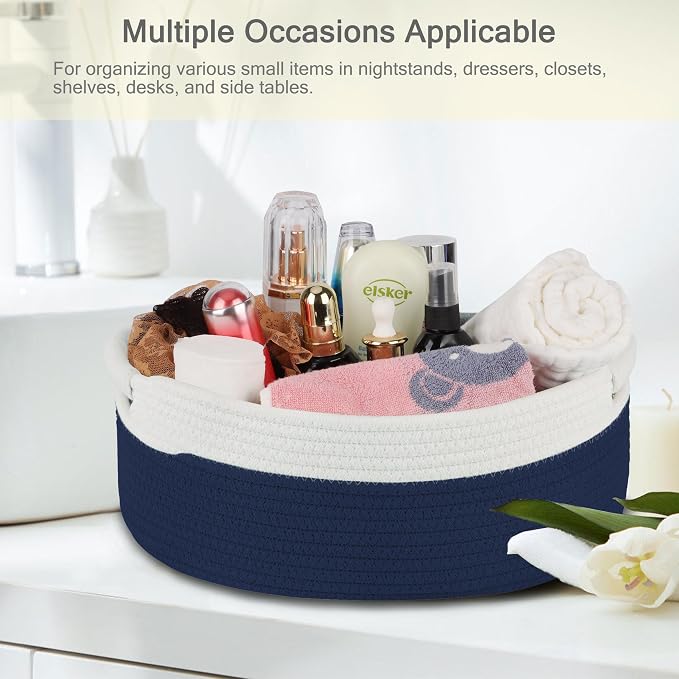 Small Woven Gift Basket with Bag & Ribbons, Navy Blue | Cotton Rope, 13”x 9”x 5.5”, Fits for Kids, Women & Men, Bedroom, Living Room, Nursery & Bathroom Storage, Cat & Dog Toy Boxes