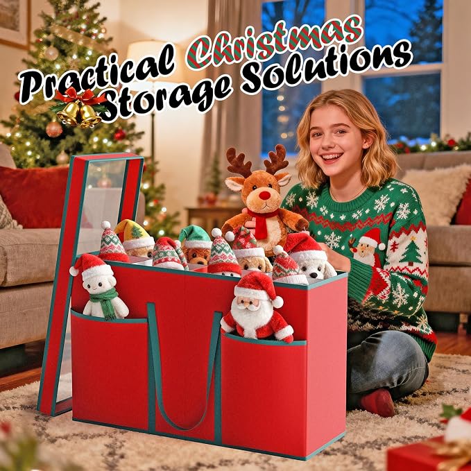 Christmas Figurine Storage Box & Nutcracker Storage Containers with Visible Lid for 15-inch Collectibles, Large Holiday Ornament Decor Organizer Keeps 8 Figurines, Xmas Decoration Storage Box, Red