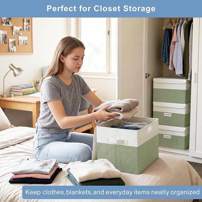 Large 22 Quart Linen Fabric Foldable Storage Bin Cube Organizer Basket with Flip-Top Lid & Handles, Clothes Blanket Box for Home, Office, Closet, Green & White, 4 Pack 14.6 x 9.5 x 9.5