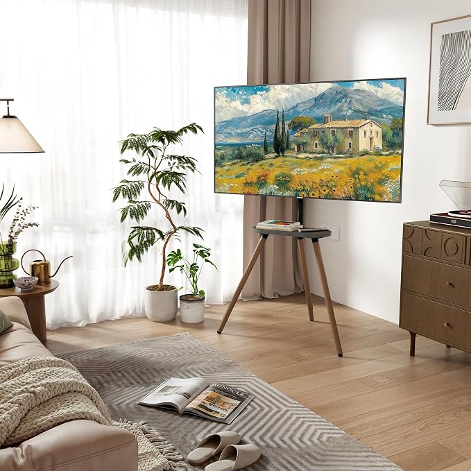 Tripod TV Stand for 43-65" TVs, Swivel, Black Walnut | Height-adjustable easel TV stand, wood media shelf, cable management and VESA up to 400x400