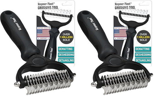 Maxpower Planet Hair Brush - Double Sided Shedding, Dematting Undercoat Rake for Dogs and Cats, Extra Wide Dog Grooming Brush, Reduce Shedding by 95%, Black (Pack of 2)