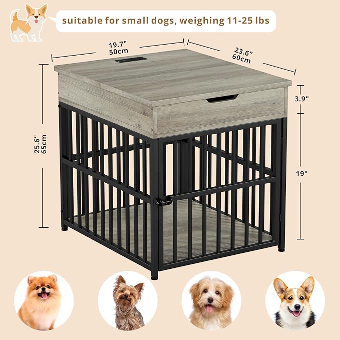 IRONCK Dog Crate Furniture for Small Dogs, Gray | Wooden Dog Kennel with Flip Top Drawer, Indoor Pet Crate End Table with Charging Station, Steel-Tube Dog Cage