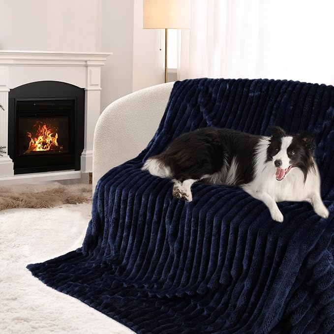 Waterproof Pet Blanket for Large Dogs & Cats - Reversible Calming Plush, Washable Furniture Cover for Couch, Bed, Car Seat, Blocks Leaks, Stains & Pet Fur (Navy, 60"x80")