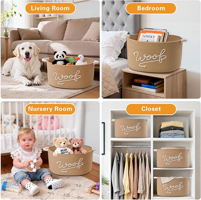 Woof Dog Toy Basket, Large Dog Toy Storage Bin with Durable Handles, Woven Dog Basket for Blankets, Toys, Chews, Pet Toy Storage Box for Nursery, Living Room, Bedroom, 17”x12”x9, Beige