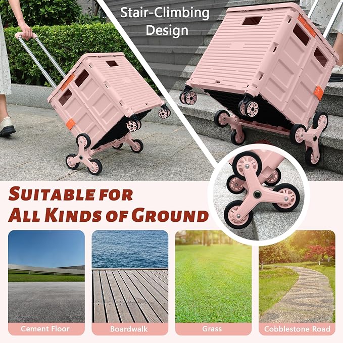 Foldable Utility Cart Collapsible Portable Crate Rolling Carts with Stair Climbing Wheels Tote Basket with Magnetic Lid Telescopic Cover Wear-Resistant 360°Rotate Wheel Noiseless for Shopping Office