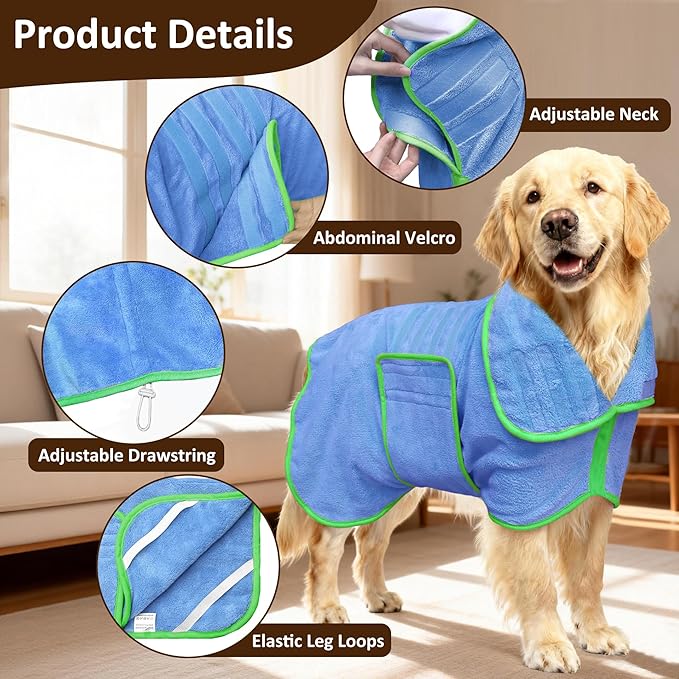 Soft Dog Bathrobe Fast Drying Dog Coat, Super Absorbent Dog Towels for After Bath, Microfiber Pet Robe Adjustable Collar & Belly Warm Keeping Dogs Coat for Pet Dogs & Cats (Blue, Medium)