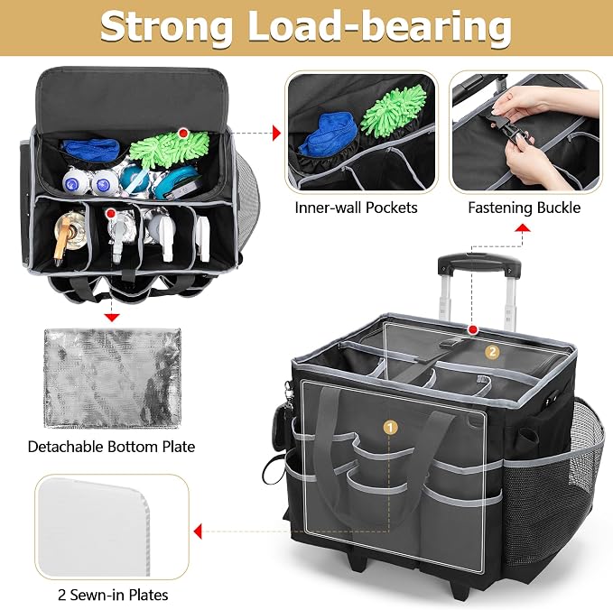 HODRANT Large Cleaning Caddy with Detachable Trolley & Shoulder Strap | Cleaning Supplies Bag with Handles & Support Plates, Cleaner Product Rolling Organizer for Car Wash and Housekeeping