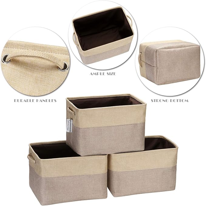 Sea Team Large Rectangle Canvas Open-Top Storage Baskets, 3-Pack | Collapsible Fabric Storage Bins with Handles, Closet Shelf Organizers, 15 x 10 x 10 Inches, Tan & Beige