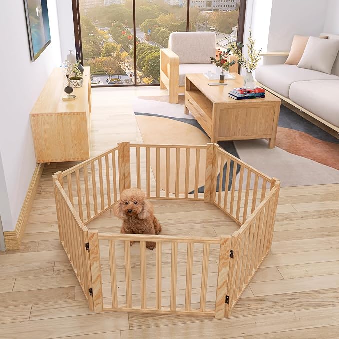 YOCAN Non-Painted Wooden Freestanding Dog Gates - 6 Panel H:16.9" L:138" | Pet Gate for The House,Doorways, Stairs,Wood Dog Fences Indoor Pet Gate,Step Over Fence
